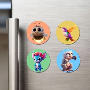 Bee, Hummingbird, Alien, and Vulture. Fridge Magnets 4 Piece Set | 3 Inch Round Wall Fridge Decor (F22985)