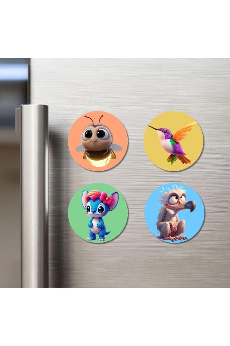 Bee, Hummingbird, Alien, and Vulture. Fridge Magnets 4 Piece Set | 3 Inch Round Wall Fridge Decor (F22985)