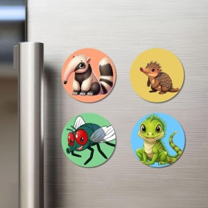 Anteater, Echidna, Fly, and Lizard. Fridge Magnets 4 Piece Set | 3 Inch Round Wall Fridge Decor (F23047)