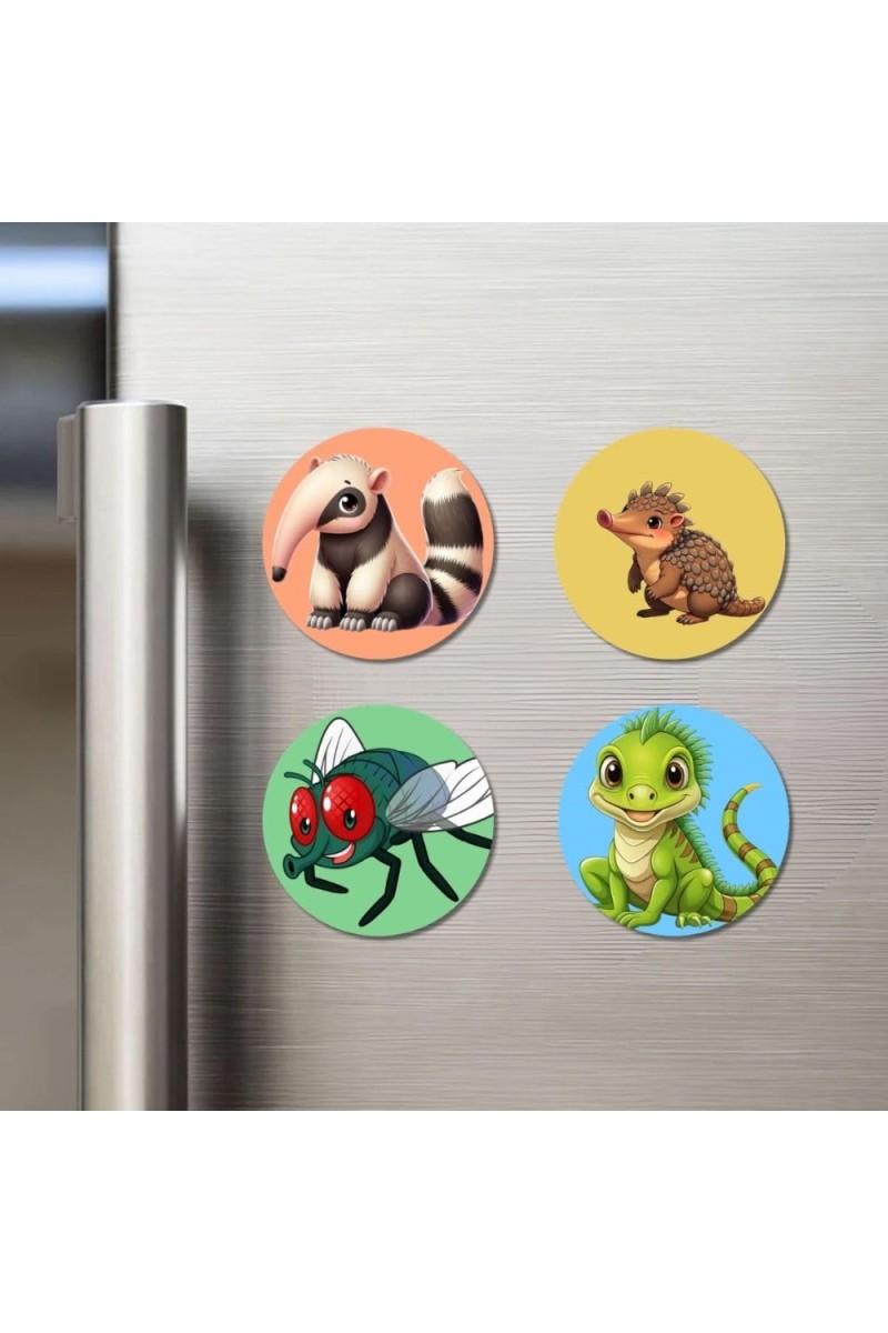 Anteater, Echidna, Fly, and Lizard. Fridge Magnets 4 Piece Set | 3 Inch Round Wall Fridge Decor (F23047)