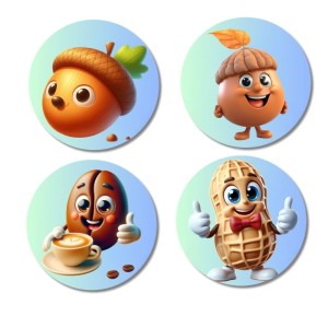 Acorn, Hazelnut, Coffee Bean, Peanut Fridge Magnets 4 Piece Set | 3 Inch Round Wall Fridge Decor (F23322)