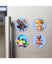Bat, Tiger, Bird, and Lizard. Fridge Magnets 4 Piece Set | 3 Inch Round Wall Fridge Decor (F23102)