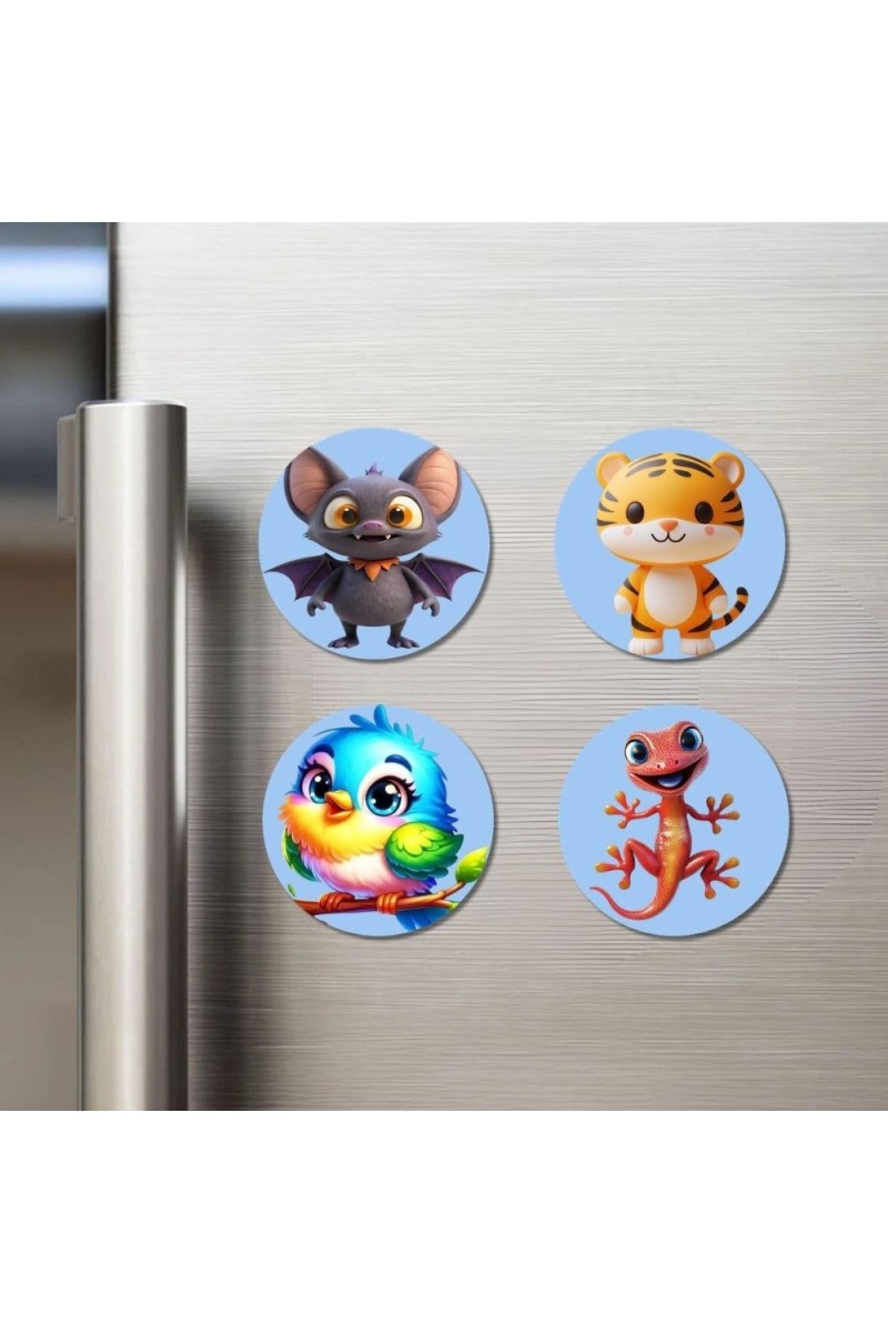 Bat, Tiger, Bird, and Lizard. Fridge Magnets 4 Piece Set | 3 Inch Round Wall Fridge Decor (F23102)