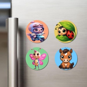 Alien, Ladybug, Butterfly, and Horse. Fridge Magnets 4 Piece Set | 3 Inch Round Wall Fridge Decor (F22984)