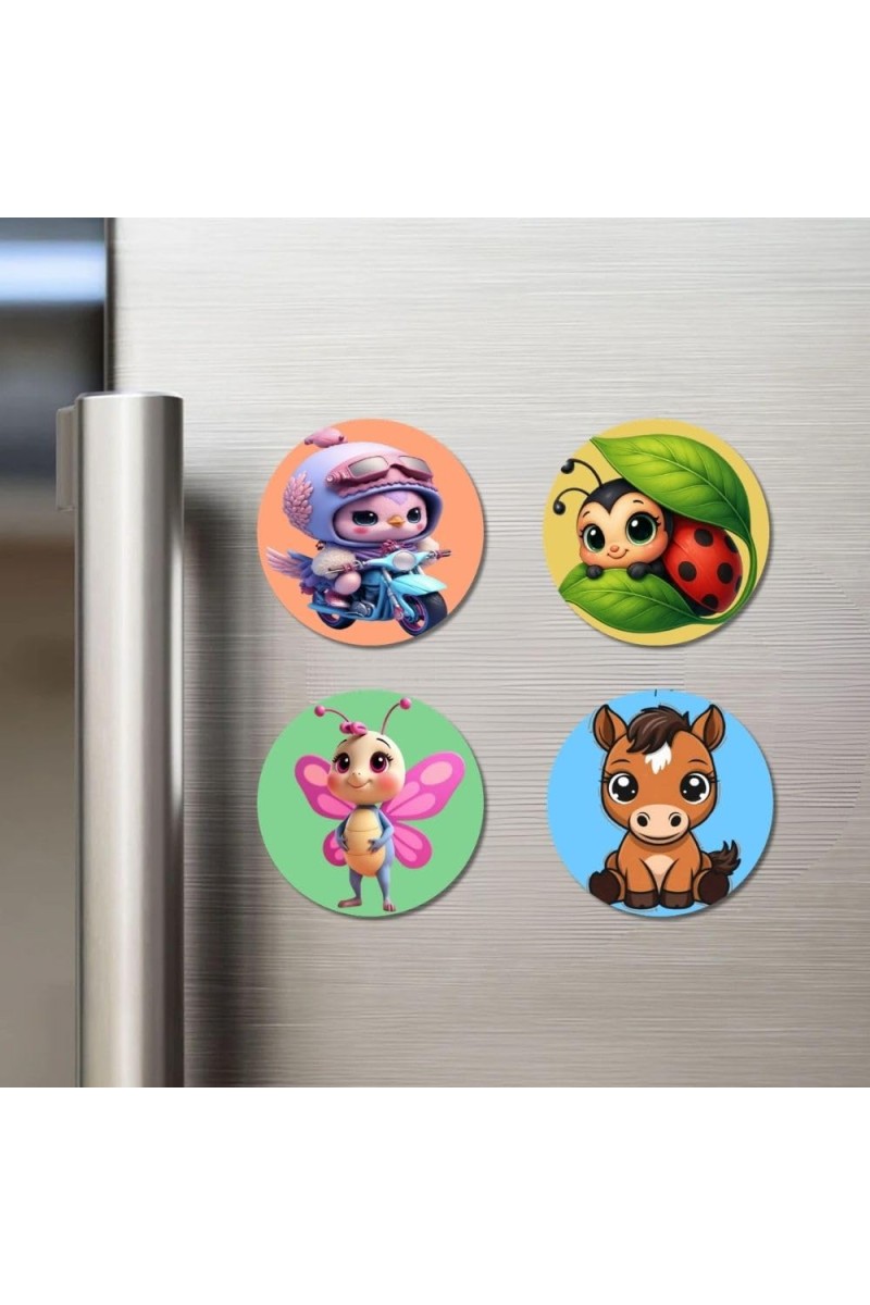 Alien, Ladybug, Butterfly, and Horse. Fridge Magnets 4 Piece Set | 3 Inch Round Wall Fridge Decor (F22984)