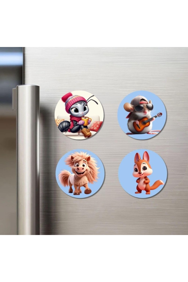 Ant, Pony, Dragon, and Rabbit. Fridge Magnets 4 Piece Set | 3 Inch Round Wall Fridge Decor (F23105)