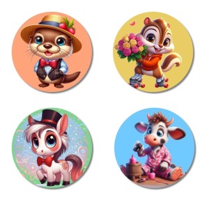 Beaver, Chipmunk, Pony, and Cow. Fridge Magnets 4 Piece Set | 3 Inch Round Wall Fridge Decor (F23025)