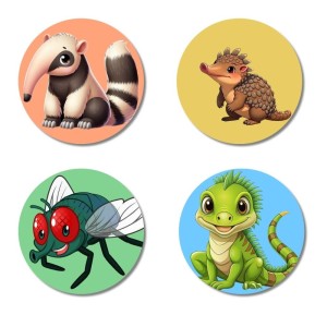 Anteater, Echidna, Fly, and Lizard. Fridge Magnets 4 Piece Set | 3 Inch Round Wall Fridge Decor (F23047)