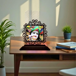 Car Desk/Table Top Lord Krishna Wooden Showpiece 3x4 Inches, Compact & Stylish Spiritual Display for Car, Home & Office (Pack of 1) (F20055)