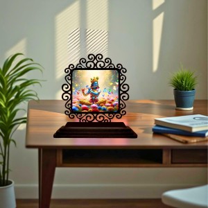 Car Desk/Table Top Lord Krishna Wooden Showpiece 3x4 Inches, Compact & Stylish Spiritual Display for Car, Home & Office (Pack of 1) (F19792)
