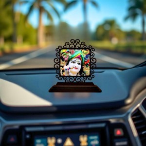 Car Desk/Table Top Lord Krishna Wooden Showpiece 3x4 Inches, Compact & Stylish Spiritual Display for Car, Home & Office (Pack of 1) (F20055)
