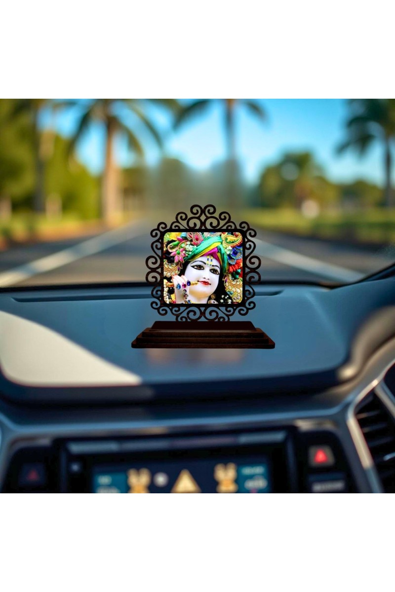 Car Desk/Table Top Lord Krishna Wooden Showpiece 3x4 Inches, Compact & Stylish Spiritual Display for Car, Home & Office (Pack of 1) (F20055)