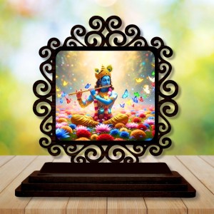 Car Desk/Table Top Lord Krishna Wooden Showpiece 3x4 Inches, Compact & Stylish Spiritual Display for Car, Home & Office (Pack of 1) (F19792)