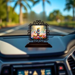 Car Desk/Table Top Lord Krishna Wooden Showpiece 3x4 Inches, Compact & Stylish Spiritual Display for Car, Home & Office (Pack of 1) (F19792)