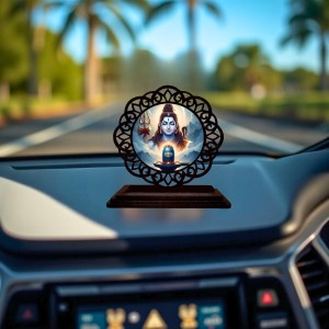 Car Desk/Table Top Lord Shiva Wooden Showpiece 3x4 Inches, Compact & Stylish Spiritual Display for Car, Home & Office (Pack of 1) (F19700)