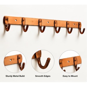 6-Hook Metal Wall Hook Rack with 3 Mounting Screws Included | Heavy Duty Wall Mounted Coat & Towel Hanger | Multipurpose Hook Rail for Clothes, Keys, Bags, Hats & Bathroom Accessories | Copper Finish 6-Hook Metal Wall Hook Rack with 3 Mounting Screws Included | Heavy Duty Wall Mounted Coat & Towel Hanger | Multipurpose Hook Rail for Clothes, Keys, Bags, Hats & Bathroom Accessories | Copper Finish