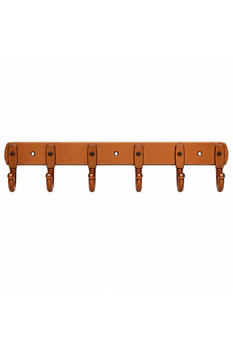 6-Hook Metal Wall Hook Rack with 3 Mounting Screws Included | Heavy Duty Wall Mounted Coat & Towel Hanger | Multipurpose Hook Rail for Clothes, Keys, Bags, Hats & Bathroom Accessories | Copper Finish