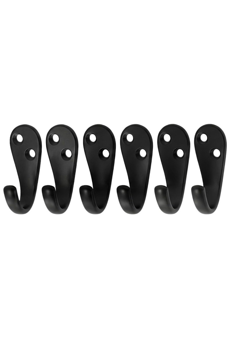 Black Metal Wall Hooks |Wall Mount Hooks for Clothes, Bags, Coats, Hats, Keys & Towels | Rust Resistant Curtain Holdback Hooks for Bathroom, Bedroom, Kitchen & Office | Includes 12 Screws | Pack of 6