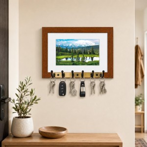 Decorative Wooden Photo Frame Key Hanger With Nature Picture, 12 X 8 Inch Wall Key Holder, 10 X 6 Inch Glossy Photo Frame, 6 Metal Hooks, Home Entrance Decor, Made In India (F38856)