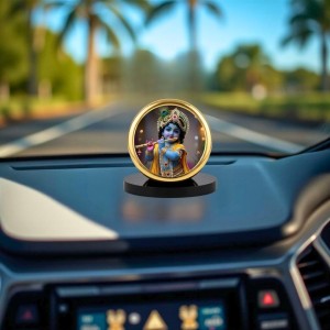 Car Dashboard/Table Top Lord Krishna Metal Golden Photo Stand 2x2 Inches, Compact & Stylish Spiritual Display For Car, Home & Office (Pack Of 1) (F24623)