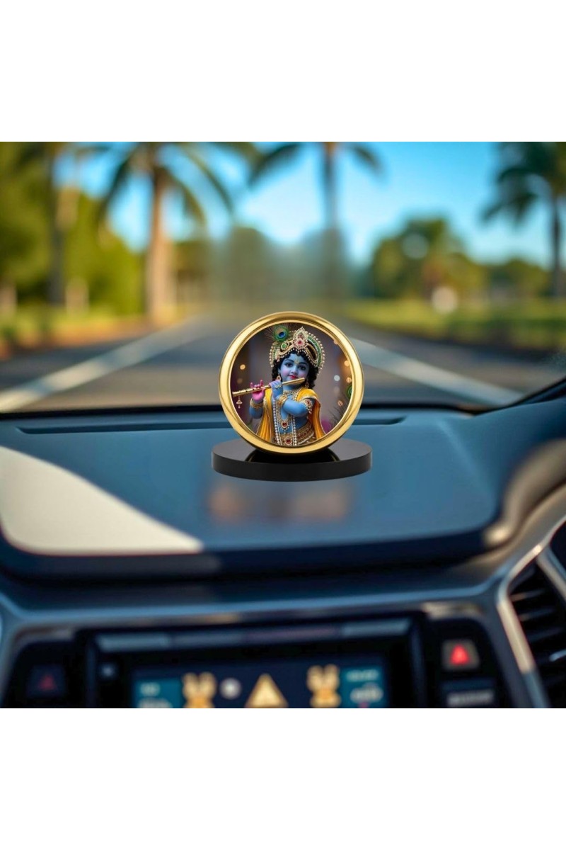 Car Dashboard/Table Top Lord Krishna Metal Golden Photo Stand 2x2 Inches, Compact & Stylish Spiritual Display For Car, Home & Office (Pack Of 1) (F24623)
