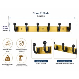 6-Hook Wall Mounted Coat Rack, Heavy Duty Metal Towel & Clothes Hanger with 3 Mounting Screws Included, Multipurpose Wall Hook for Entryway, Bathroom, Bedroom, Kitchen, Office – Black & Gold 6-Hook Wall Mounted Coat Rack, Heavy Duty Metal Towel & Clothes Hanger with 3 Mounting Screws Included, Multipurpose Wall Hook for Entryway, Bathroom, Bedroom, Kitchen, Office – Black & Gold