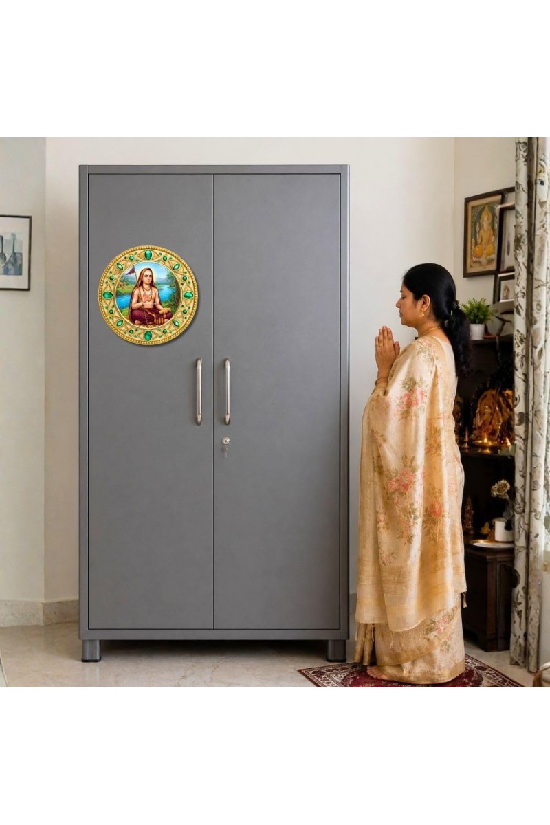 Adi Shankaracharya Fridge Magnet Wooden | Glossy Sublimation Print | 4x4 Inch | Strong Magnet Back | Decorative Magnet for Fridge, Almirah & Temple Decor (F23720)