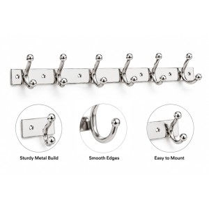 6 Hook Wall Mounted Coat & Towel Hanger Rack |Stainless Steel Clothes Hook Rail | Multipurpose Organizer for Bathroom, Kitchen, Bedroom & Entryway | Rust Resistant | Includes 5 Mounting Screws 6 Hook Wall Mounted Coat & Towel Hanger Rack |Stainless Steel Clothes Hook Rail | Multipurpose Organizer for Bathroom, Kitchen, Bedroom & Entryway | Rust Resistant | Includes 5 Mounting Screws