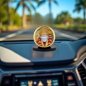 Car Dashboard/Table Top Sai Baba Metal Golden Photo Stand 2x2 Inches, Compact & Stylish Spiritual Display For Car, Home & Office (Pack Of 1) (F24600)