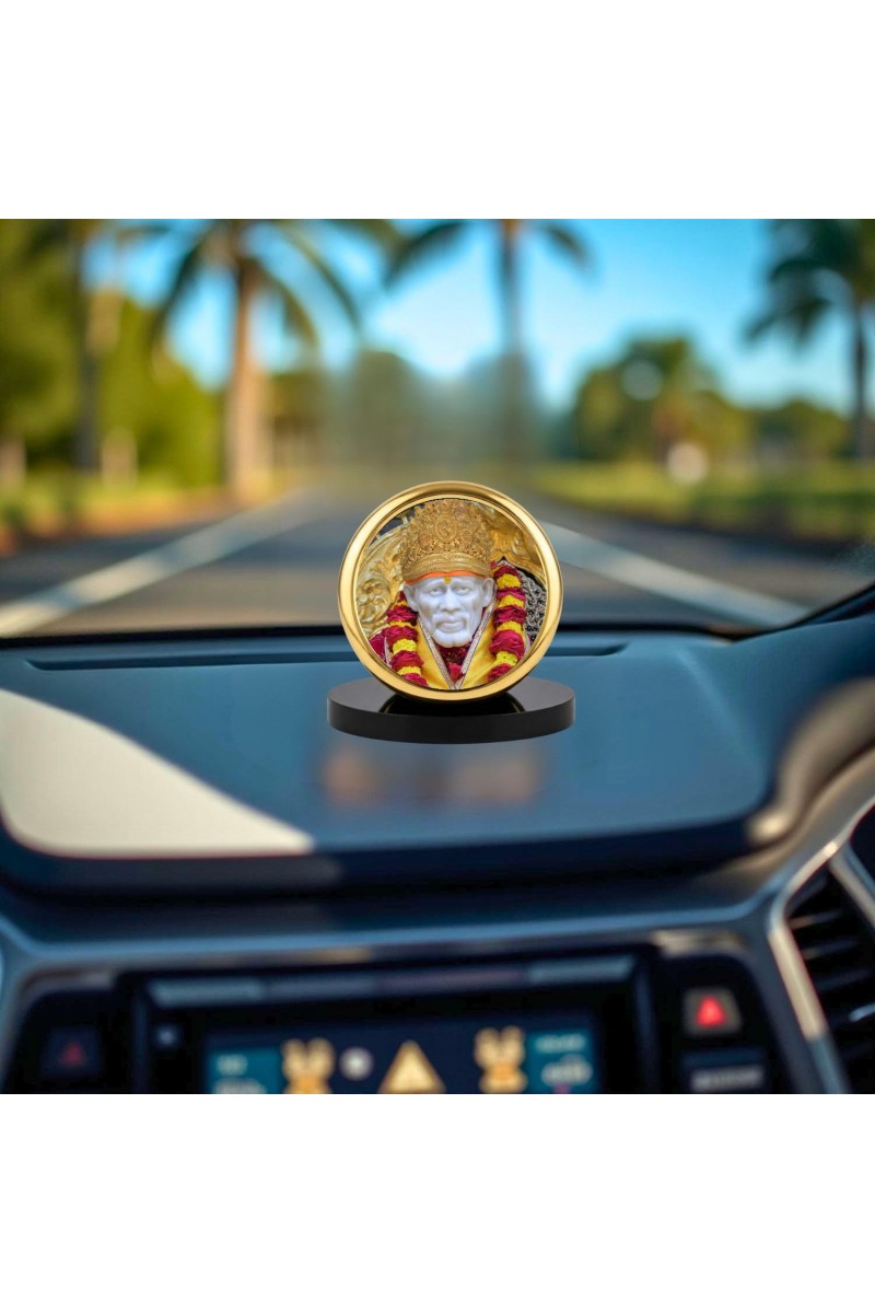 Car Dashboard/Table Top Sai Baba Metal Golden Photo Stand 2x2 Inches, Compact & Stylish Spiritual Display For Car, Home & Office (Pack Of 1) (F24600)