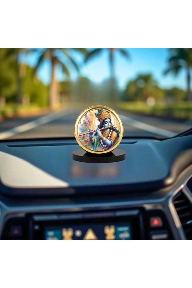 Car Dashboard/Table Top Lord Krishna Metal Golden Photo Stand 2x2 Inches, Compact & Stylish Spiritual Display For Car, Home & Office (Pack Of 1) (F24572)