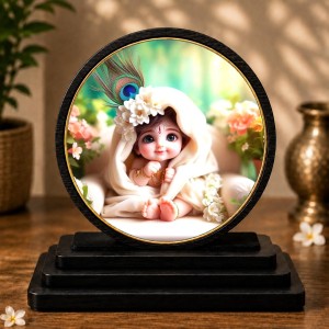 Car Dashboard Wooden Baby Krishna Showpiece | 4 X 4.5 Inch Sublimation Printed Decorative Stand | 4 Mm MDF | Home Decor | Made in India (F33283)