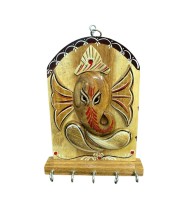 Wooden Ganesha Key Holder for Wall with 5 Metal Hooks | Handcrafted Wooden Ganesh Key Stand & Key Hanger | Decorative Wall Mounted Key Organizer for Home Entrance, Living Room & Office