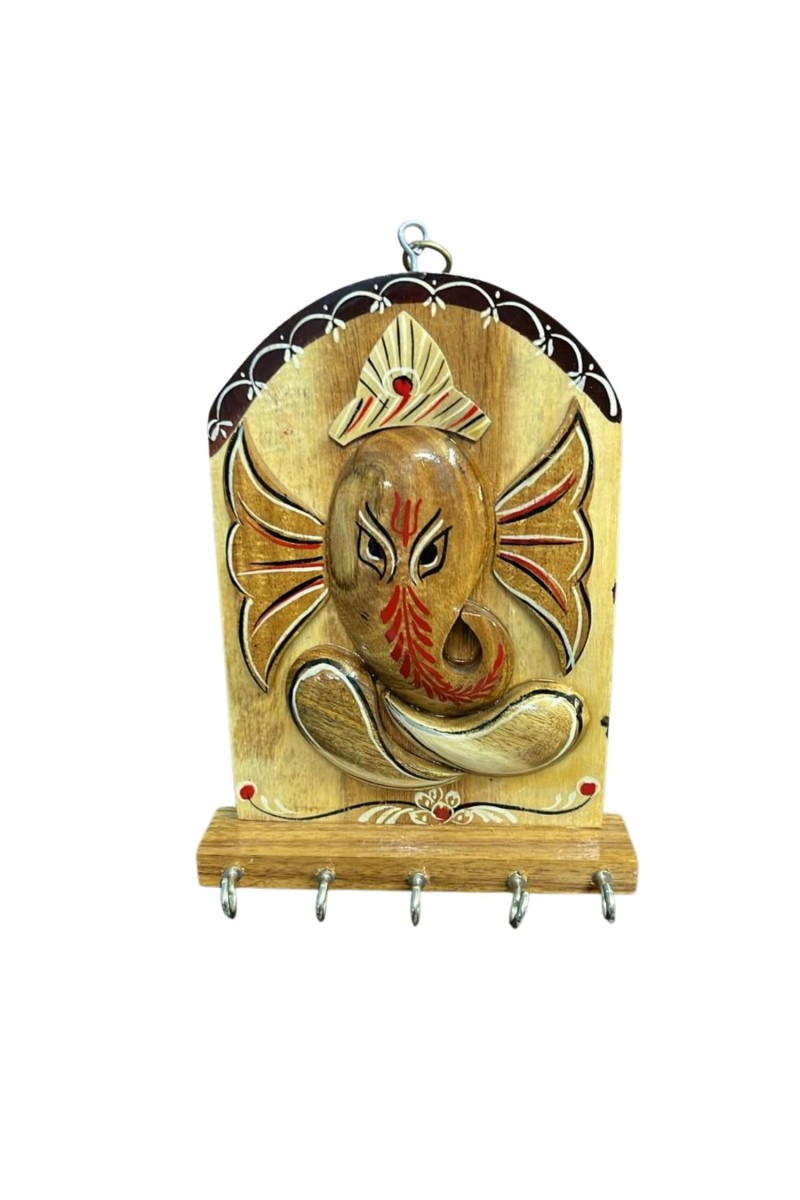 Wooden Ganesha Key Holder for Wall with 5 Metal Hooks | Handcrafted Wooden Ganesh Key Stand & Key Hanger | Decorative Wall Mounted Key Organizer for Home Entrance, Living Room & Office