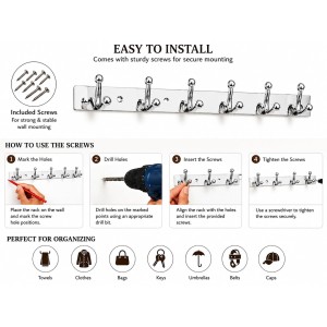 6 Hook Wall Mounted Coat & Towel Hanger Rack |Stainless Steel Clothes Hook Rail | Multipurpose Organizer for Bathroom, Kitchen, Bedroom & Entryway | Rust Resistant | Includes 5 Mounting Screws 6 Hook Wall Mounted Coat & Towel Hanger Rack |Stainless Steel Clothes Hook Rail | Multipurpose Organizer for Bathroom, Kitchen, Bedroom & Entryway | Rust Resistant | Includes 5 Mounting Screws