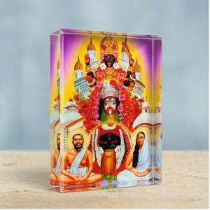 Acrylic Table Photo Stand with Dakshineswar Ma Kali, Sri Ramakrishna & Sarada Ma Image â€“ Crystal Clear Decorative Display Frame for Home Temple, Office Desk & Car Dashboard (Red)