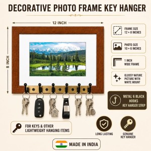 Decorative Wooden Photo Frame Key Hanger With Nature Picture, 12 X 8 Inch Wall Key Holder, 10 X 6 Inch Glossy Photo Frame, 6 Metal Hooks, Home Entrance Decor, Made In India (F38856)
