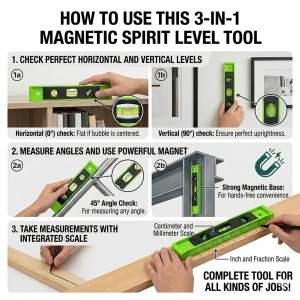 3-in-1 Magnetic Spirit Level Tool with Bubble Vials & Measuring Scale | Mini Water Level Meter for Horizontal, Vertical | Portable Leveling Tool for Home, Construction & DIY Project