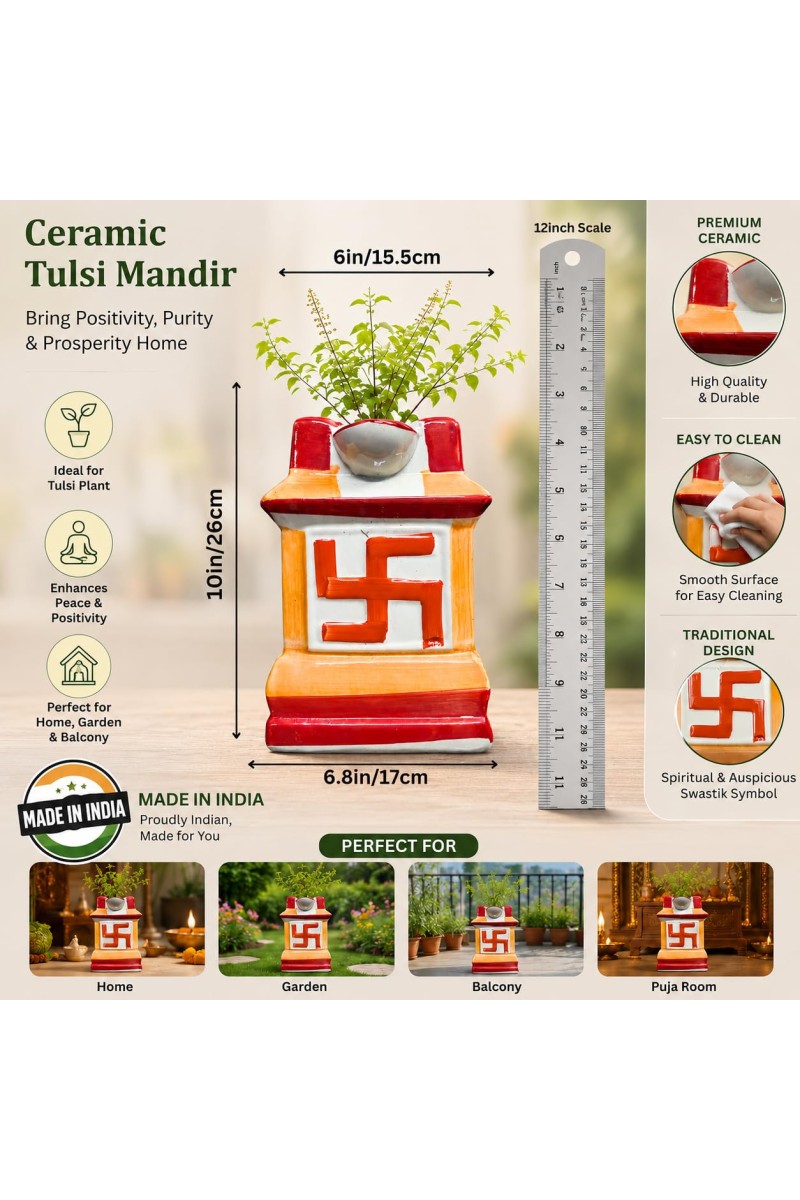 Handcrafted Ceramic Swastik Tulsi Mandir | Traditional Hindu Auspicious Symbol for Home Temple | Decorative Pooja Decor for Diwali, Navratri & Religious | Orange| Packed in a Premium Wooden Box