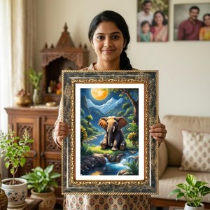Baby Elephant Digital Pinting Decorative Photo Frame With White Mount | Premium Wall & Tabletop Picture Frame | Home, Office & Temple Decoration | 10x14 Inch (Pack Of 1) (F31519)