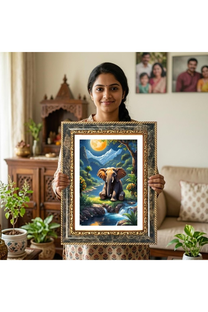 Baby Elephant Digital Pinting Decorative Photo Frame With White Mount | Premium Wall & Tabletop Picture Frame | Home, Office & Temple Decoration | 10x14 Inch (Pack Of 1) (F31519)