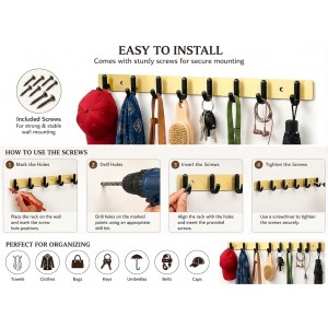 8 Hook Wall Mounted Coat & Towel Hanger Rack | Stainless Steel Heavy Duty Multipurpose Hook Rail | Bathroom, Kitchen, Bedroom & Entryway Organizer | Includes 4 Mounting Screws | Gold & Black 8 Hook Wall Mounted Coat & Towel Hanger Rack | Stainless Steel Heavy Duty Multipurpose Hook Rail | Bathroom, Kitchen, Bedroom & Entryway Organizer | Includes 4 Mounting Screws | Gold & Black
