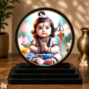 Car Dashboard Wooden Baby Shiva Showpiece | 4 X 4.5 Inch Sublimation Printed Decorative Stand | 4 Mm MDF | Home Decor | Made in India (F33277)
