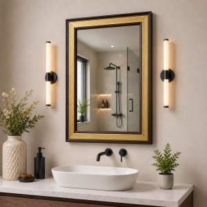 Acrylic Wall Mirror with Gold & Brown Decorative Frame | Wall Mounted Mirror for Entryway, Living Room, Bedroom & Bathroom | Lightweight, Shatter-Resistant, Durable & Clear Reflection
