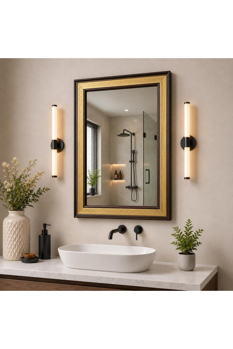 Acrylic Wall Mirror with Gold & Brown Decorative Frame | Wall Mounted Mirror for Entryway, Living Room, Bedroom & Bathroom | Lightweight, Shatter-Resistant, Durable & Clear Reflection
