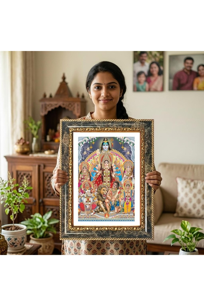 (Durga Parivar) And Lord Shiva Decorative Photo Frame With White Mount | Premium Wall & Tabletop Picture Frame | Home, Office & Temple Decoration | 10x14 Inch (Pack Of 1) (F31221)