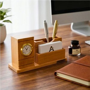 Wooden Pen Stand with Analog Clock & Business Card Holder | Multipurpose Desk Organizer for Office Table | Pen Pencil Holder | Wooden Stationery Organizer for Home & Office Wooden Pen Stand with Analog Clock & Business Card Holder | Multipurpose Desk Organizer for Office Table | Pen Pencil Holder | Wooden Stationery Organizer for Home & Office
