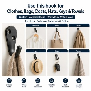 Black Metal Wall Hooks |Wall Mount Hooks for Clothes, Bags, Coats, Hats, Keys & Towels | Rust Resistant Curtain Holdback Hooks for Bathroom, Bedroom, Kitchen & Office | Includes 12 Screws | Pack of 6 Black Metal Wall Hooks |Wall Mount Hooks for Clothes, Bags, Coats, Hats, Keys & Towels | Rust Resistant Curtain Holdback Hooks for Bathroom, Bedroom, Kitchen & Office | Includes 12 Screws | Pack of 6