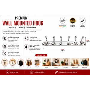6 Hook Wall Mounted Coat & Towel Hanger Rack |Stainless Steel Clothes Hook Rail | Multipurpose Organizer for Bathroom, Kitchen, Bedroom & Entryway | Rust Resistant | Includes 5 Mounting Screws 6 Hook Wall Mounted Coat & Towel Hanger Rack |Stainless Steel Clothes Hook Rail | Multipurpose Organizer for Bathroom, Kitchen, Bedroom & Entryway | Rust Resistant | Includes 5 Mounting Screws