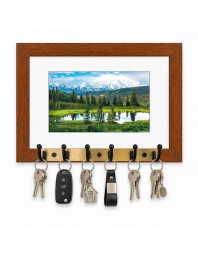 Decorative Wooden Photo Frame Key Hanger With Nature Picture, 12 X 8 Inch Wall Key Holder, 10 X 6 Inch Glossy Photo Frame, 6 Metal Hooks, Home Entrance Decor, Made In India (F38856)